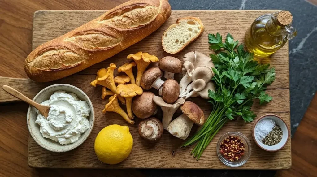Raw ingredients for mushroom and ricotta crostini appetizer