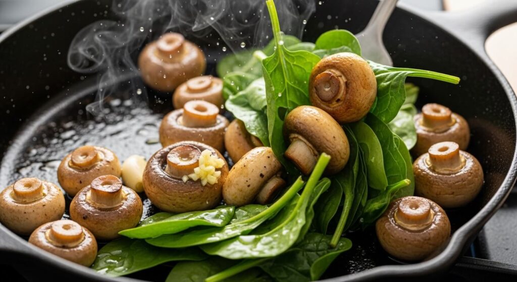 Sautéing fresh spinach and sliced baby bella mushrooms in a dark cast iron skillet.