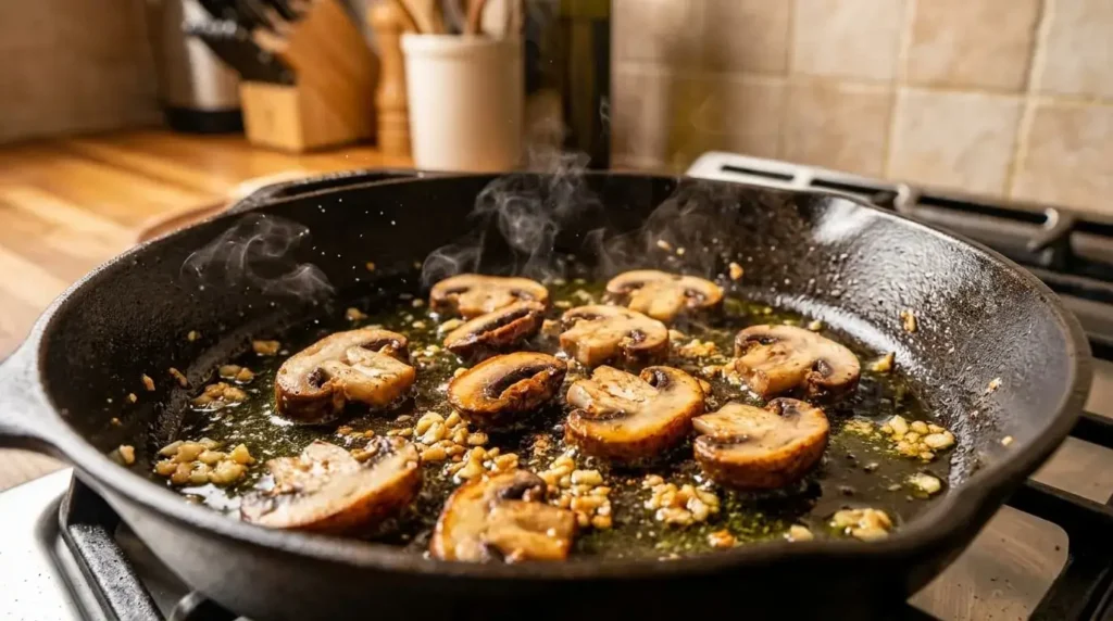 Fresh sliced cremini mushrooms sautéing with minced garlic in a hot skillet with olive oil until golden brown.