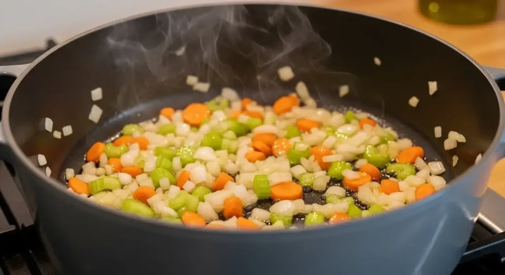 Diced carrots, celery, and onions sautéing in olive oil inside a Dutch oven pot.