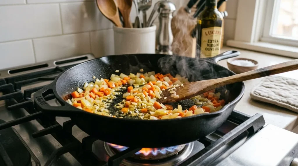 Diced carrots, onions, and garlic being sautéed in extra virgin olive oil inside a black cast iron skillet.