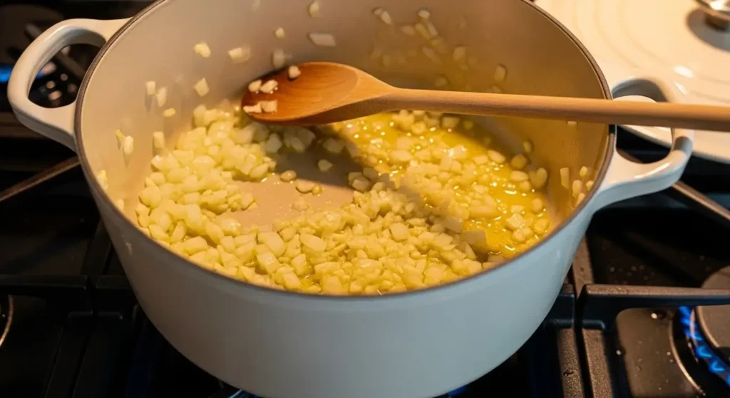 Finely chopped onions and garlic cooking in olive oil inside a white Dutch oven.