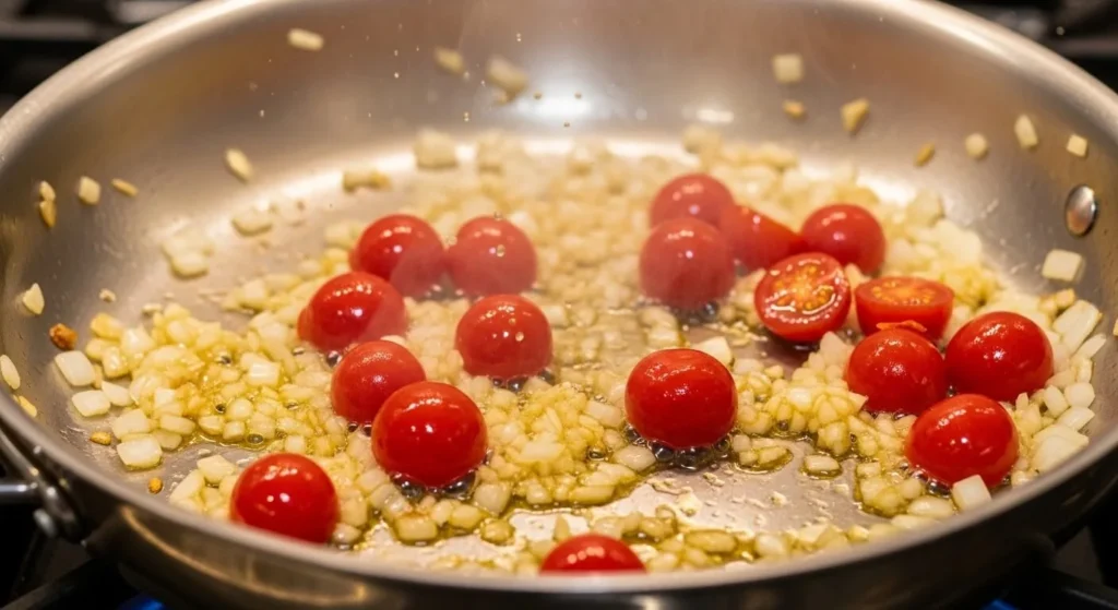 Sautéing onions, garlic, and cherry tomatoes in a skillet for stuffed pepper filling.