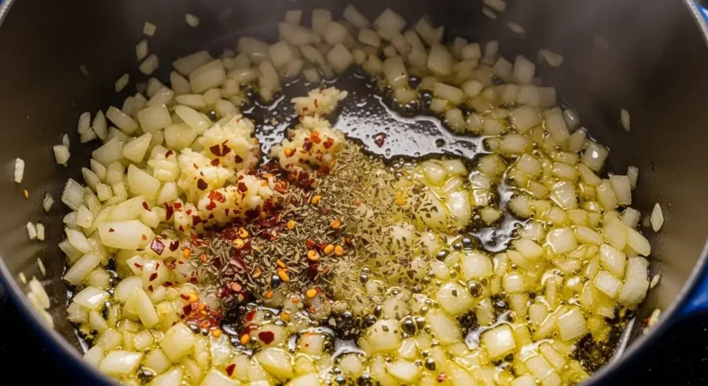 Diced onions, garlic, and Mediterranean herbs sautéing in olive oil inside a Dutch oven.
