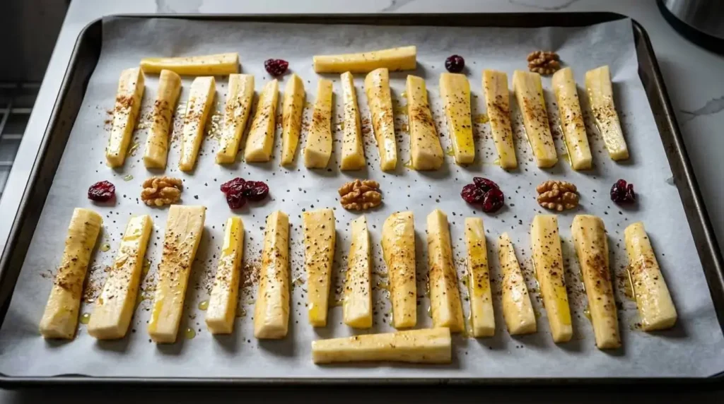 Coated raw parsnip batons spaced out evenly on a parchment-lined baking sheet before roasting.