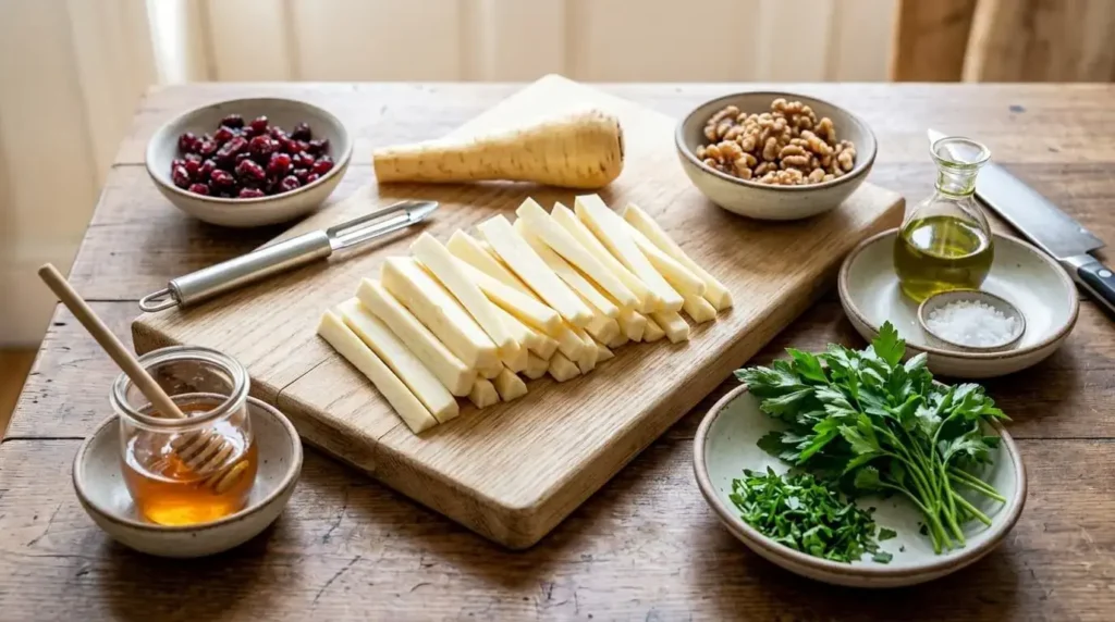 Raw ingredients for honey roasted parsnips with cranberries and walnuts arranged on a wooden board.