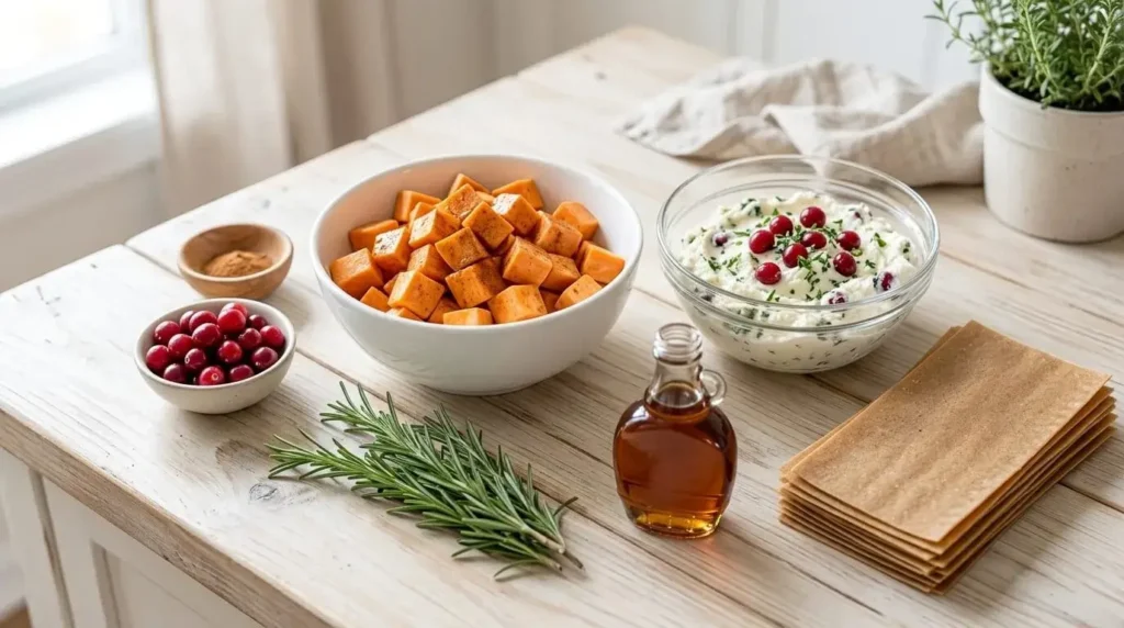 An overhead ingredients layout including cubed raw sweet potatoes, a bowl of herb ricotta filling, dried cranberries, fresh rosemary, and dry lasagna sheets on a wooden countertop.