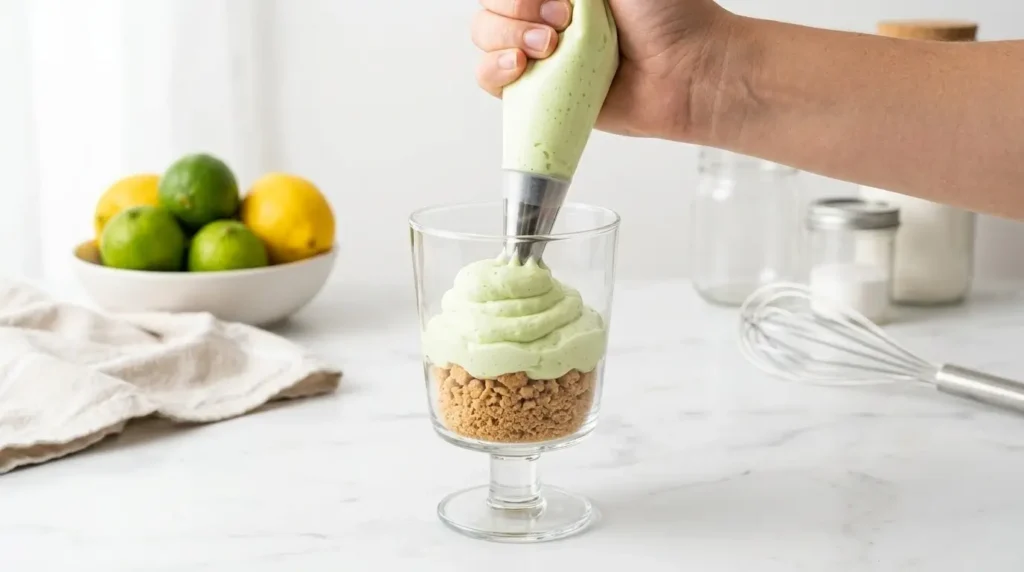 Piping fluffy lime mousse into a clear glass to create an easy key lime parfait.