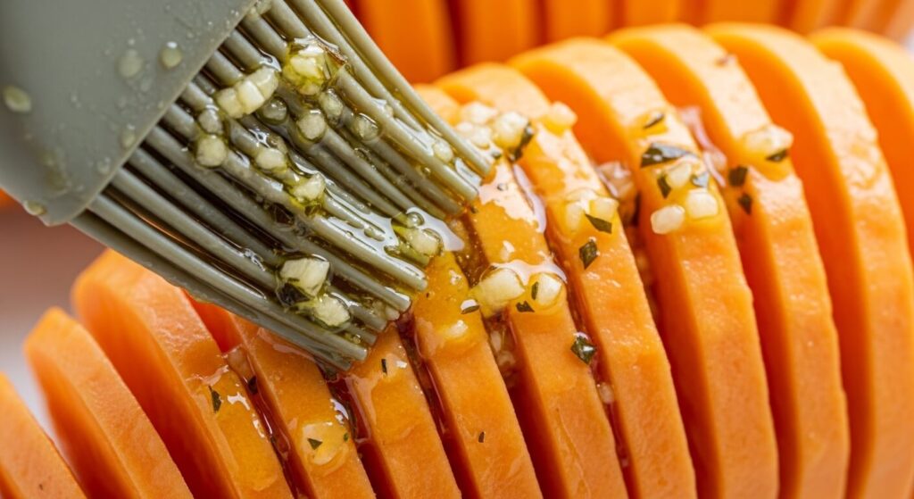 Close-up of brushing extra virgin olive oil and garlic herb mixture over a Hasselback sweet potato.