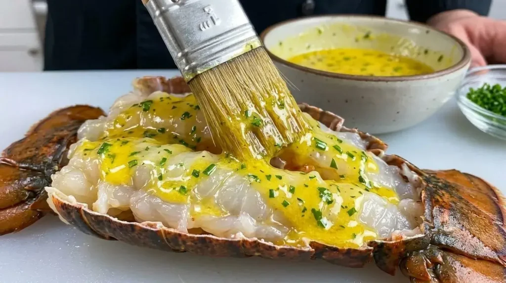 Brushing garlic butter sauce onto raw lobster meat.