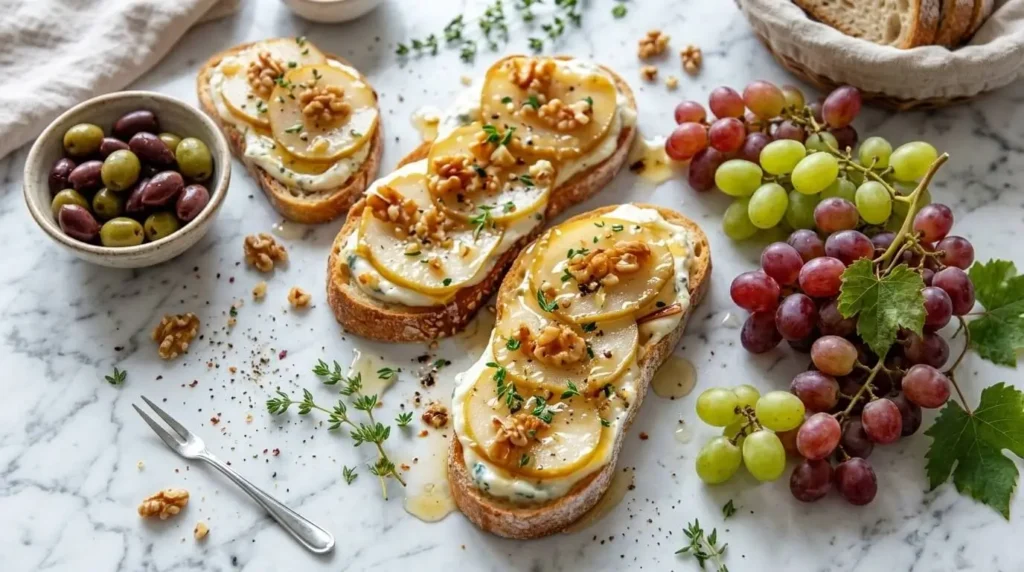 Mediterranean appetizer platter with pear gorgonzola toast and olives.