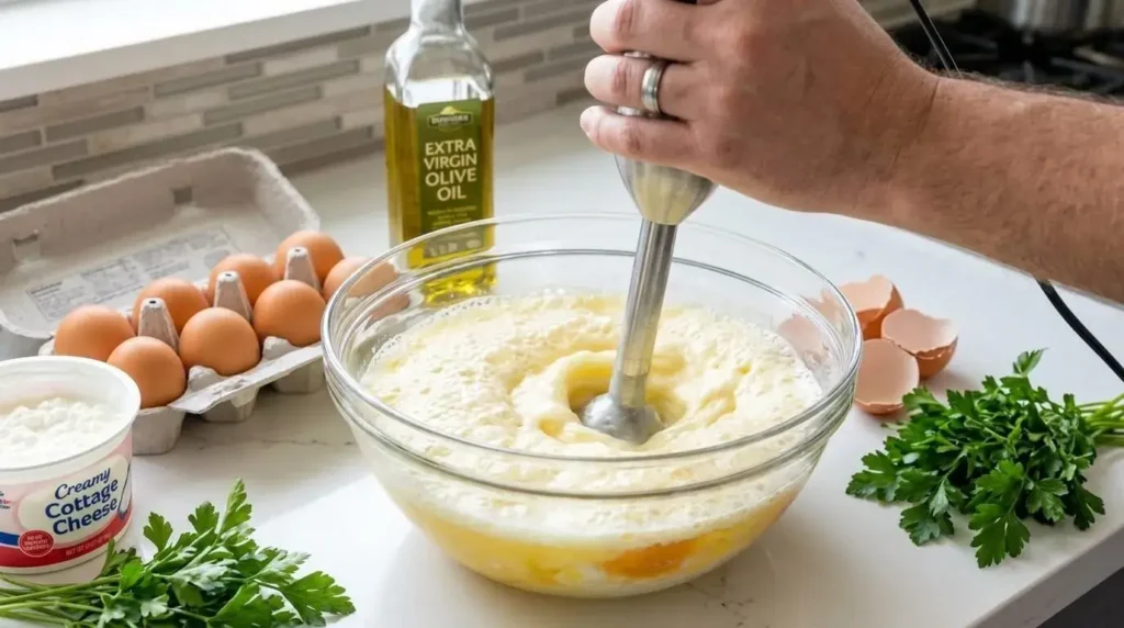 blending eggs and cottage cheese for breakfast