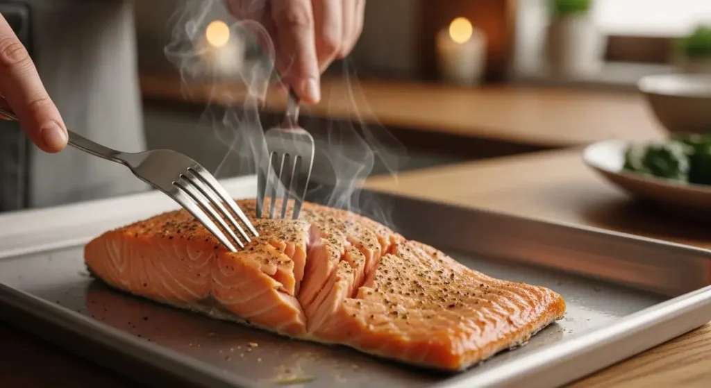 Flaking a perfectly baked seasoned salmon fillet with two forks on a baking sheet.