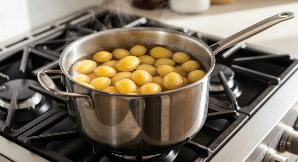 Boiling baby Yukon Gold potatoes in a pot for a smashed potato recipe.