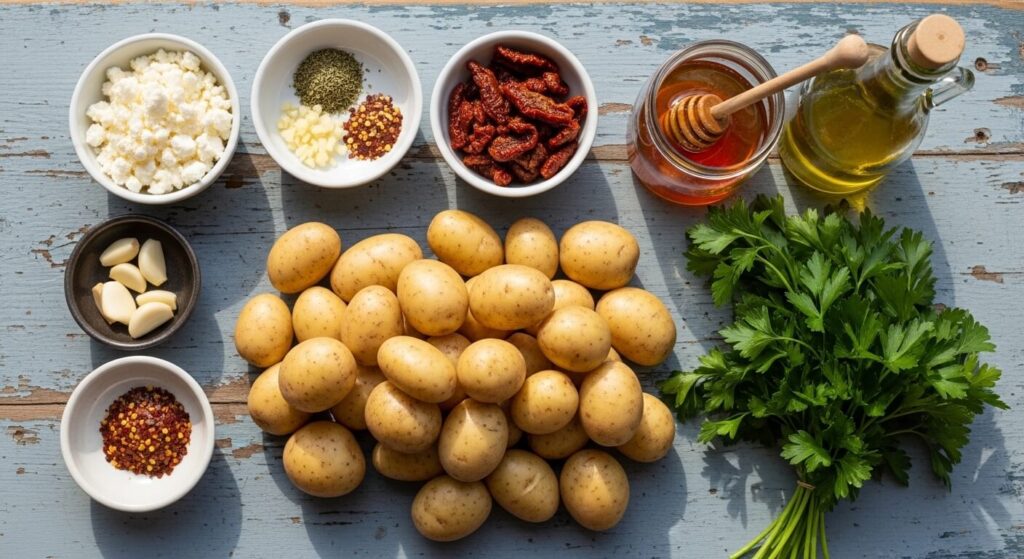 A flat lay arrangement of raw ingredients for Mediterranean smashed potatoes: baby potatoes, crumbled feta, sun-dried tomatoes, olive oil, garlic, oregano, and a jar of hot honey.