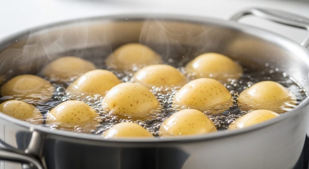 Boiling Yukon Gold potatoes in a pot of water on a stove.