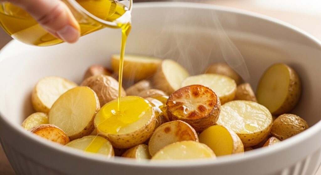 Pouring extra virgin olive oil and lemon juice vinaigrette over warm sliced potatoes.