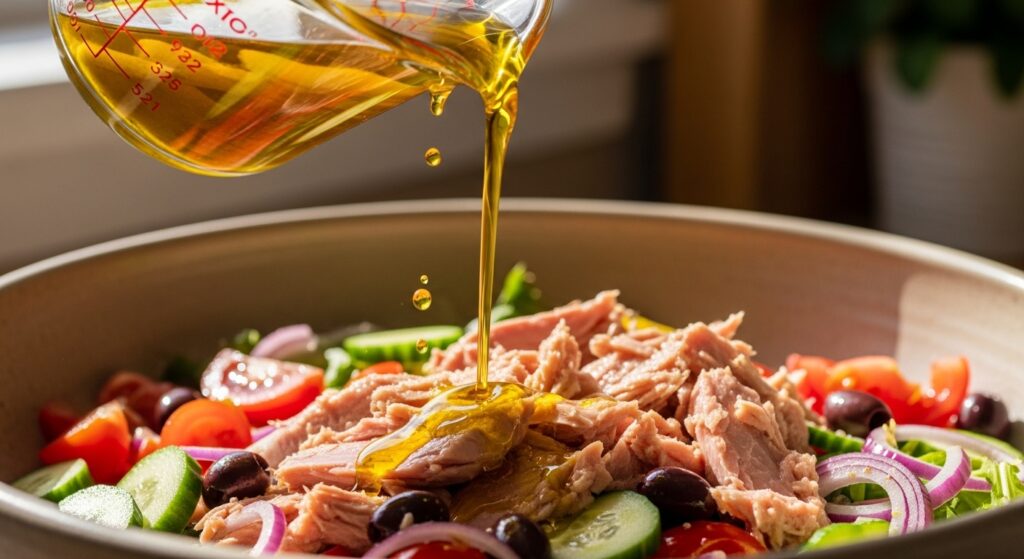 Pouring olive oil and lemon dressing over a fresh tuna salad in a large bowl.