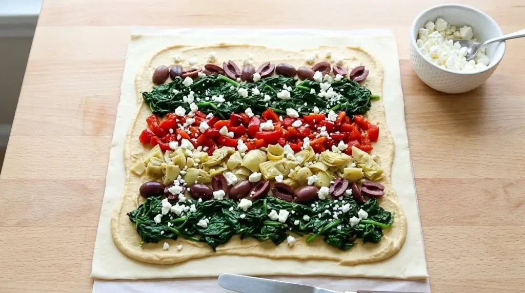 Step-by-step assembly of Mediterranean pinwheels showing fresh vegetable fillings.