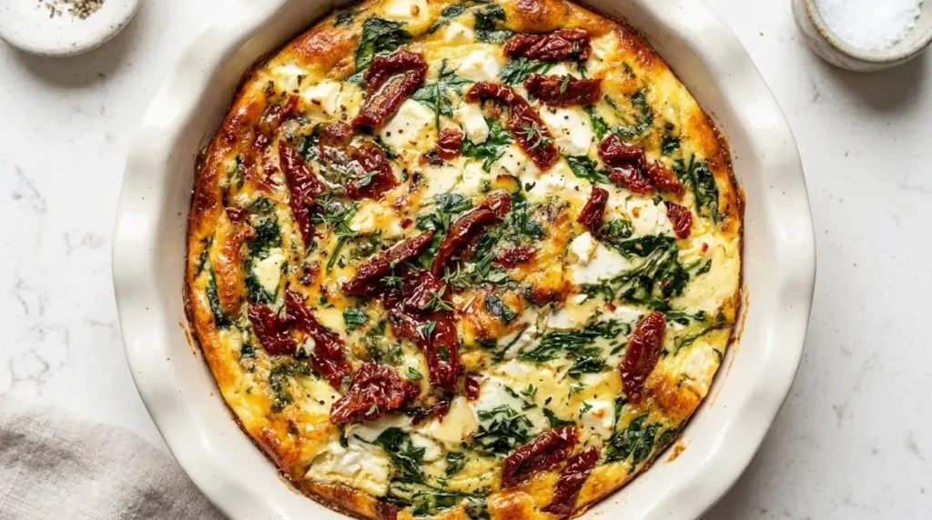 Top-down view of a Mediterranean crustless quiche with spinach, feta, and sun-dried tomatoes.