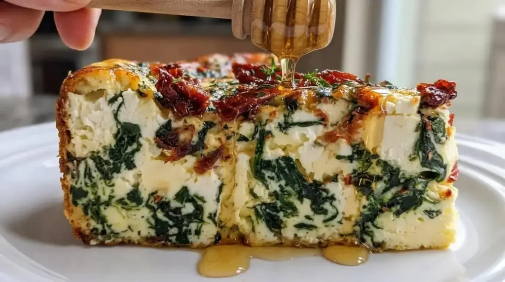 Close-up of a quiche slice showing creamy egg layers and spinach.