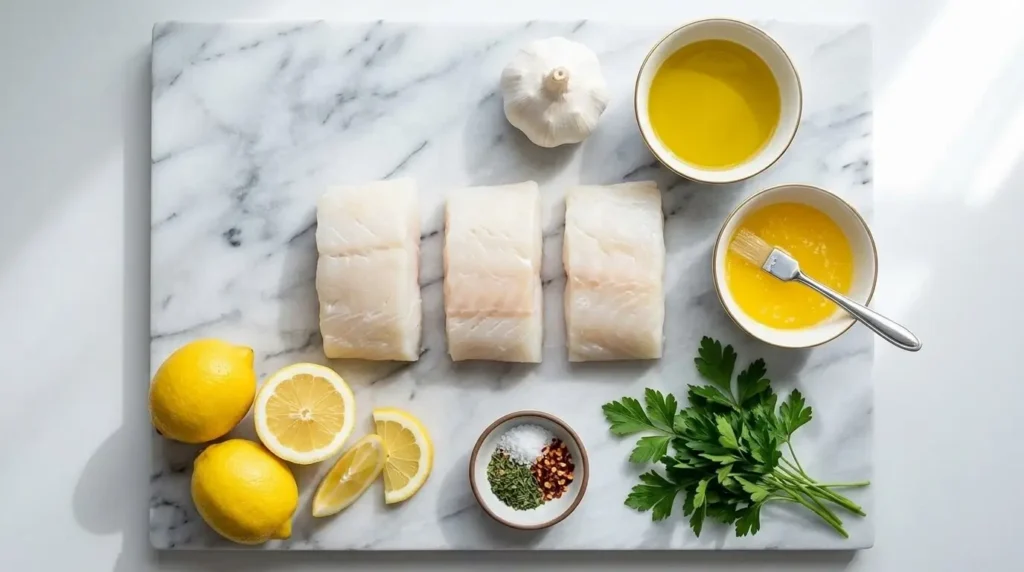 Raw cod fillets with fresh lemon, garlic, and parsley ingredients for Mediterranean baking.