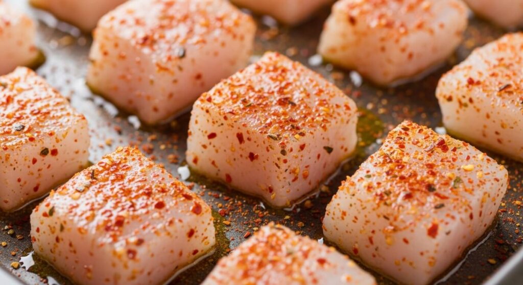 Seasoned raw cod for baked fish tacos recipe on a sheet pan.