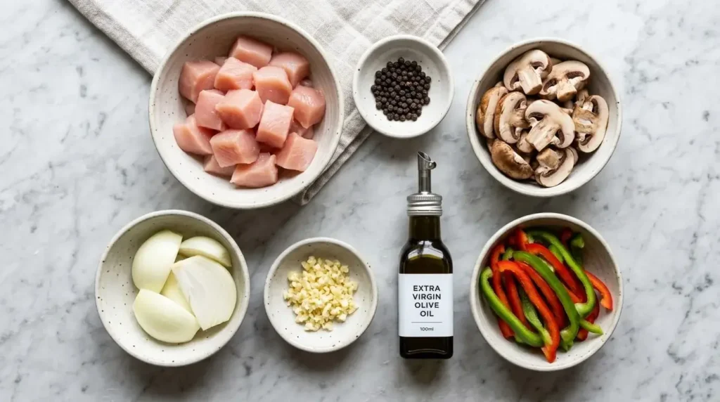 Overhead view of raw ingredients for an easy chicken mushroom recipe neatly prepped in bowls on a marble counter.