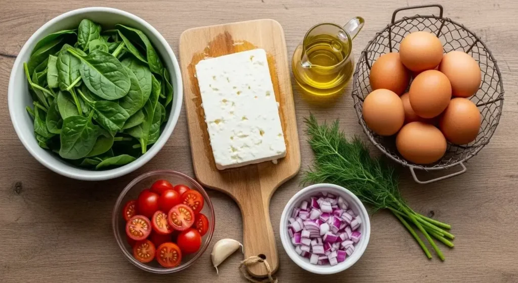 Overhead shot of fresh ingredients for a healthy Greek spinach and feta frittata recipe arranged on a rustic kitchen counter.