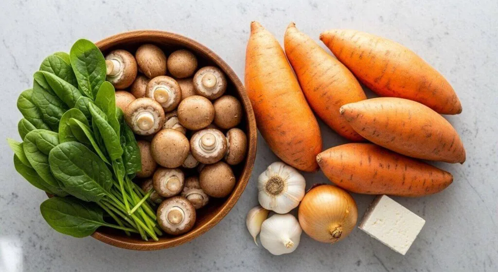 Top-down flat lay view of raw ingredients including sweet potatoes, cremini mushrooms, fresh spinach, garlic, and feta cheese on a grey stone backdrop.