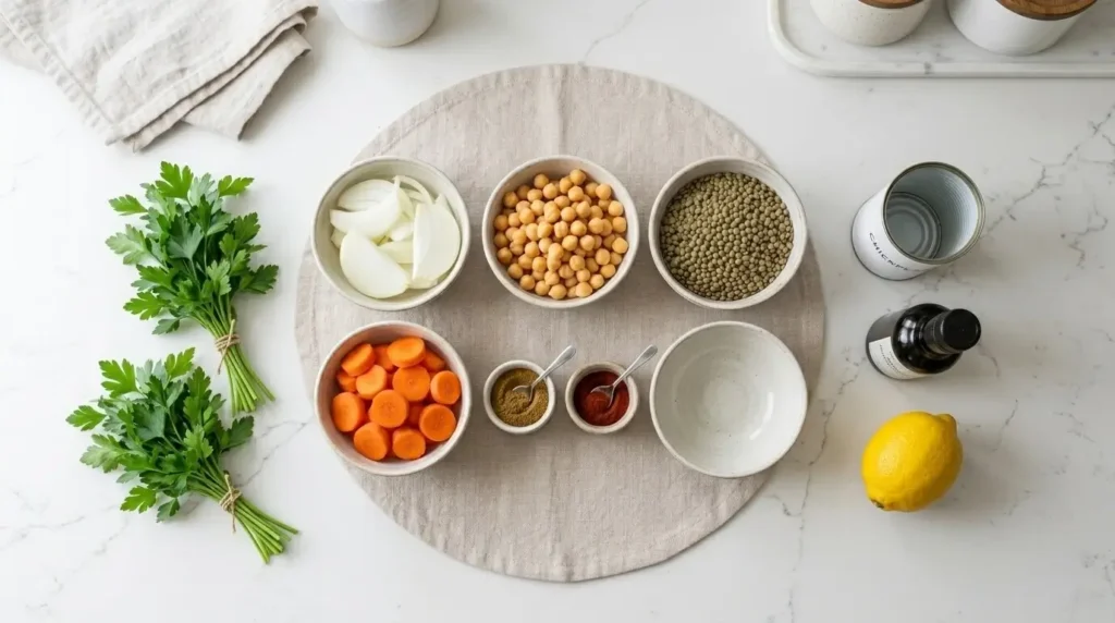 Raw ingredients for a spiced lentil and roasted carrot salad spread out across a bright kitchen counter.