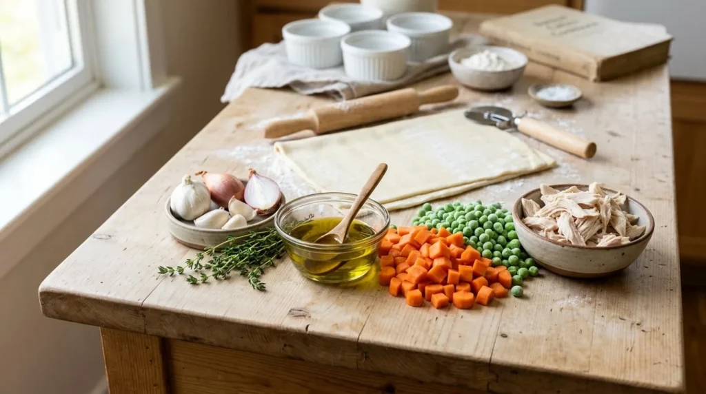 Raw ingredients for mini chicken pot pies including diced carrots, green peas, shredded chicken, olive oil, and fresh herbs arranged on a wooden countertop.