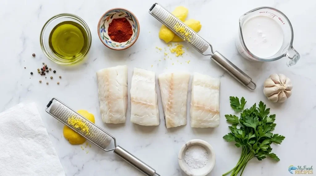 Raw cod fillets surrounded by lemon zest, garlic cloves, full-fat coconut milk, and fresh parsley on a marble countertop.