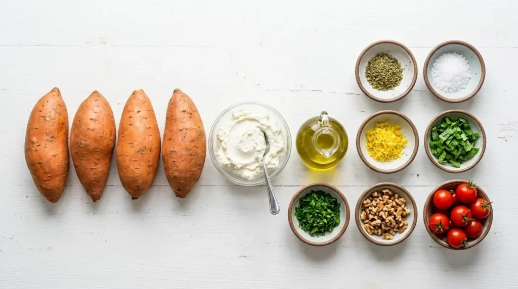 Overhead view of raw ingredients for sweet potato boats including sweet potatoes, ricotta cheese, olive oil, tomatoes, and fresh herbs.