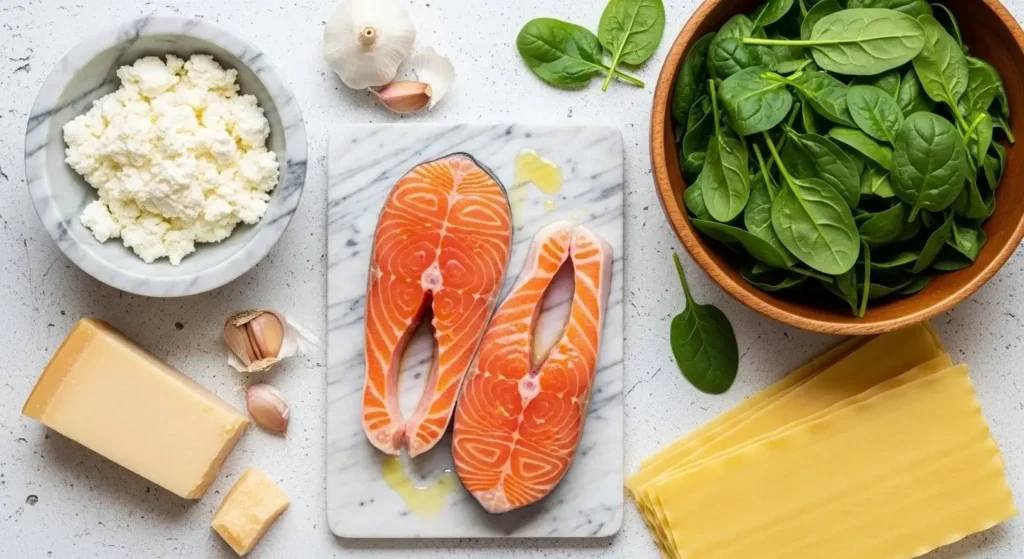 Raw ingredients for creamy salmon and spinach lasagna including fresh salmon fillets, baby spinach, ricotta, garlic, and pasta sheets on a concrete countertop.