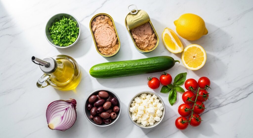 Fresh ingredients for Mediterranean tuna salad arranged on a marble kitchen counter.