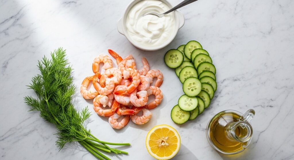 Ingredients for mediterranean shrimp cucumber salad including shrimp, cucumbers, yogurt, and dill.