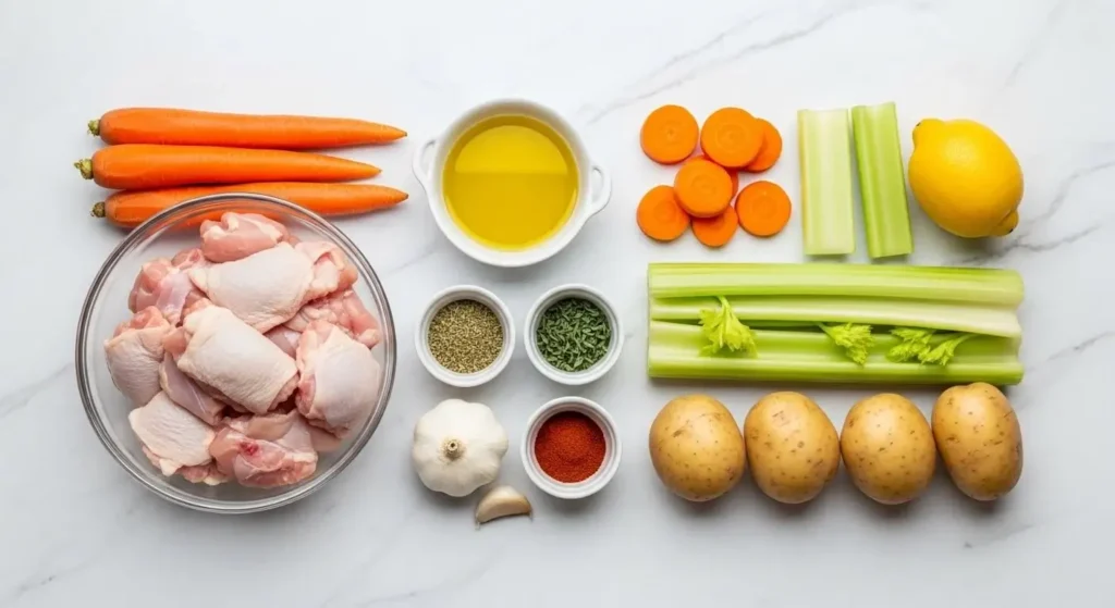 Raw ingredients for Mediterranean chicken vegetable stew neatly arranged on a marble surface.