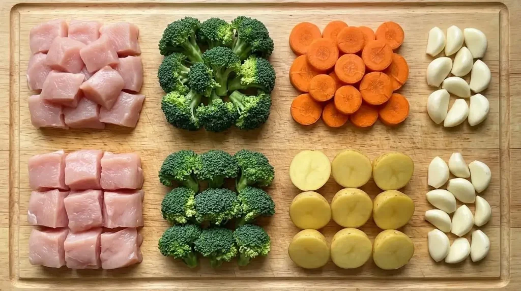 Raw ingredients for healthy roasted chicken and vegetable recipe.