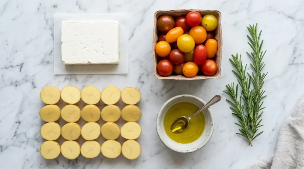 Raw ingredients for Mediterranean roasted potatoes.