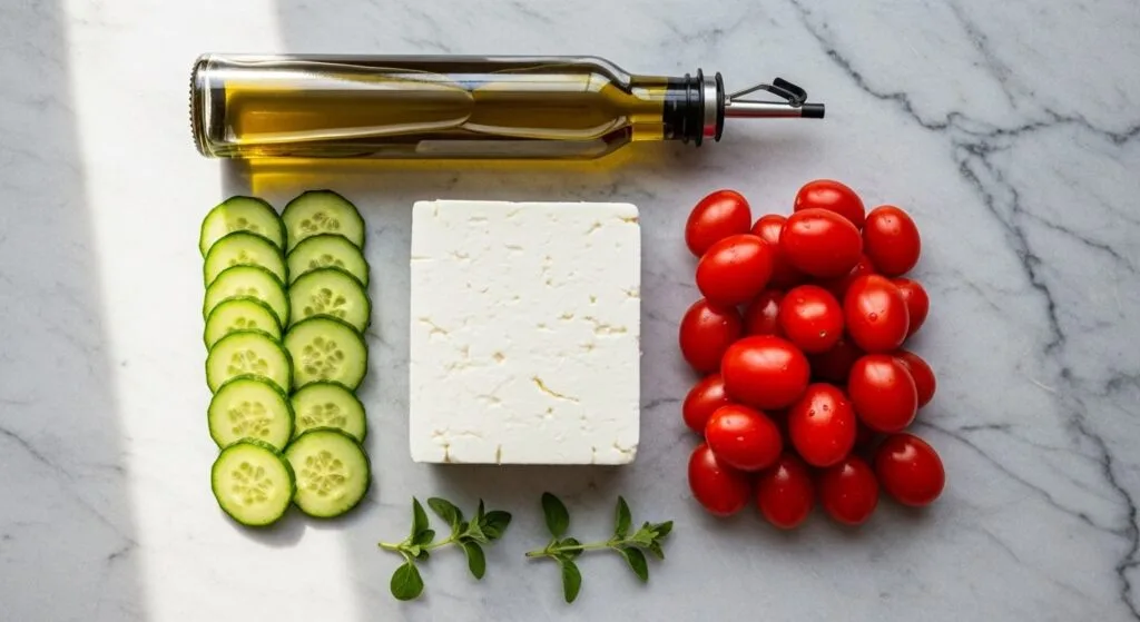 Ingredients for healthy Greek salad recipe including feta, tomatoes, and olive oil.