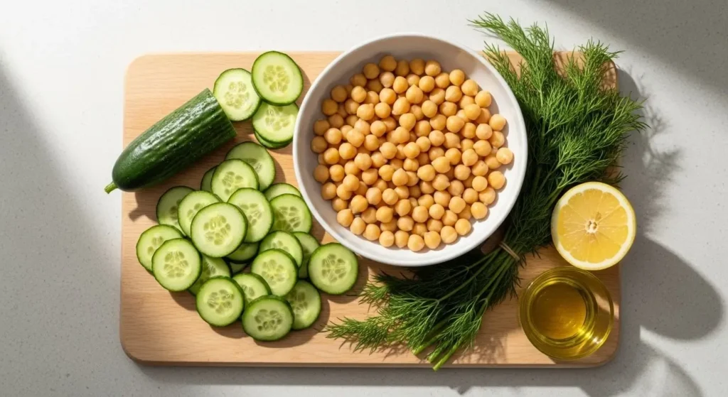 Ingredients for Mediterranean chickpea salad including fresh dill, lemons, and garbanzo beans.