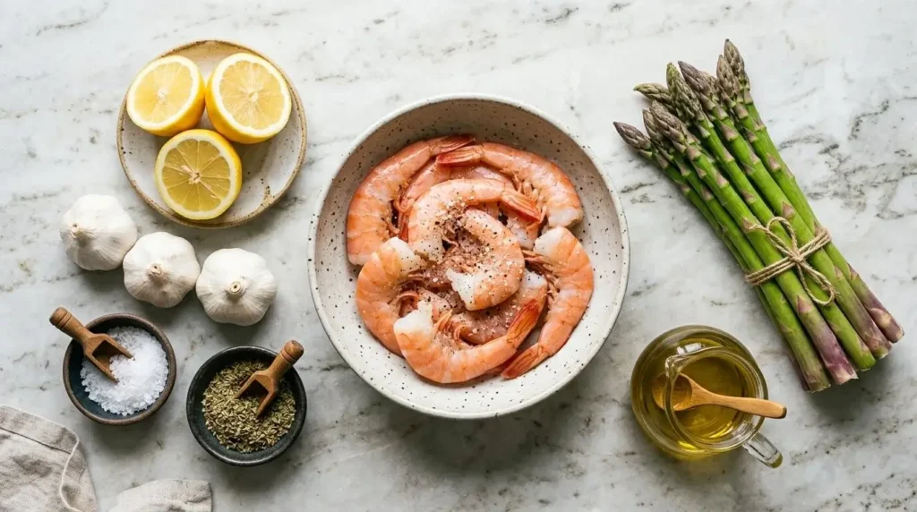 Overhead view of raw ingredients for grilled shrimp bowl including fresh asparagus, raw shrimp, lemons, garlic, and olive oil on a marble surface.
