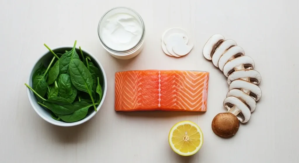 Fresh ingredients for Mediterranean garlic butter salmon recipe.