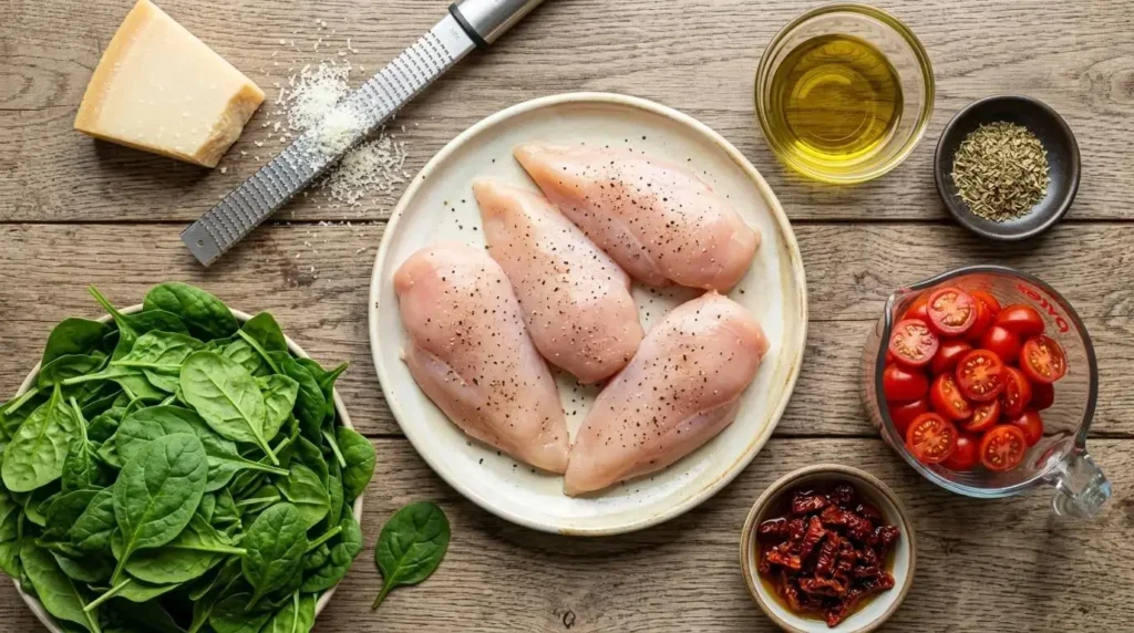 raw ingredients for creamy garlic parmesan chicken on a wooden counter