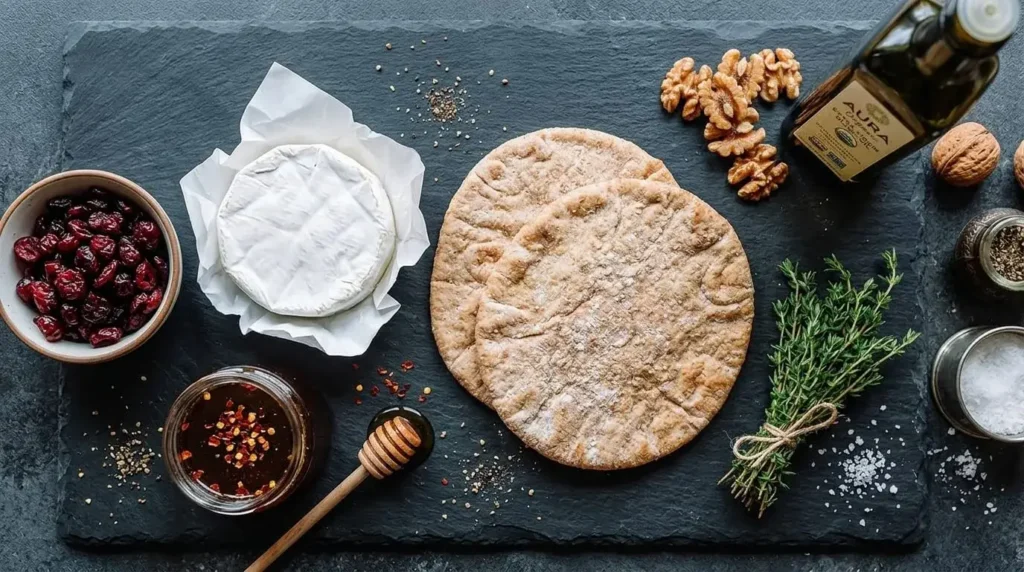 Ingredients for Mediterranean brie and cranberry flatbread including naan, walnuts, and honey.