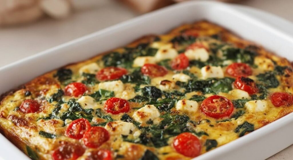 A freshly baked golden-brown spinach and feta breakfast casserole in a rustic dish.