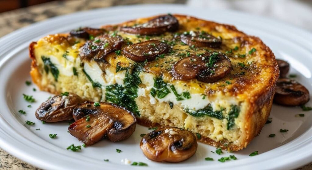 Golden brown crustless spinach mushroom and feta quiche in a ceramic baking dish on a wooden table.