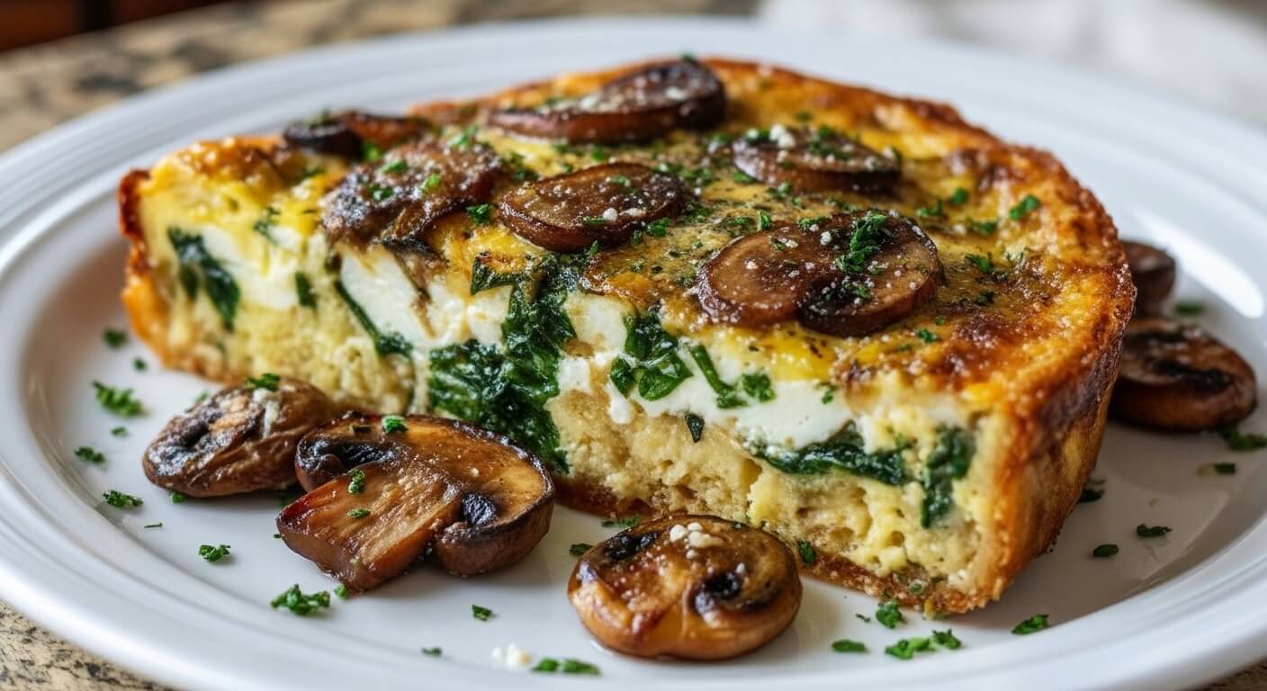 Golden brown crustless spinach mushroom and feta quiche in a ceramic baking dish on a wooden table.
