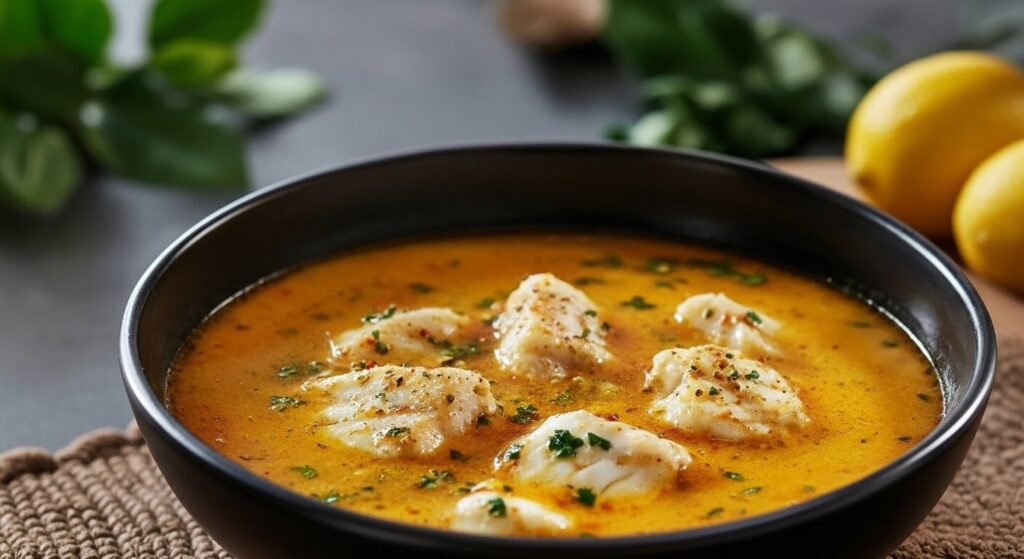 Creamy Mediterranean lemon fish soup with fresh dill and lemon slices in a black bowl.